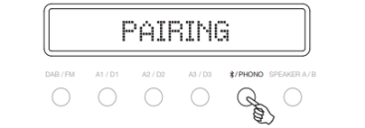 Image of the display displaying "pairing" and a finger clicking the bluetooth/phono button